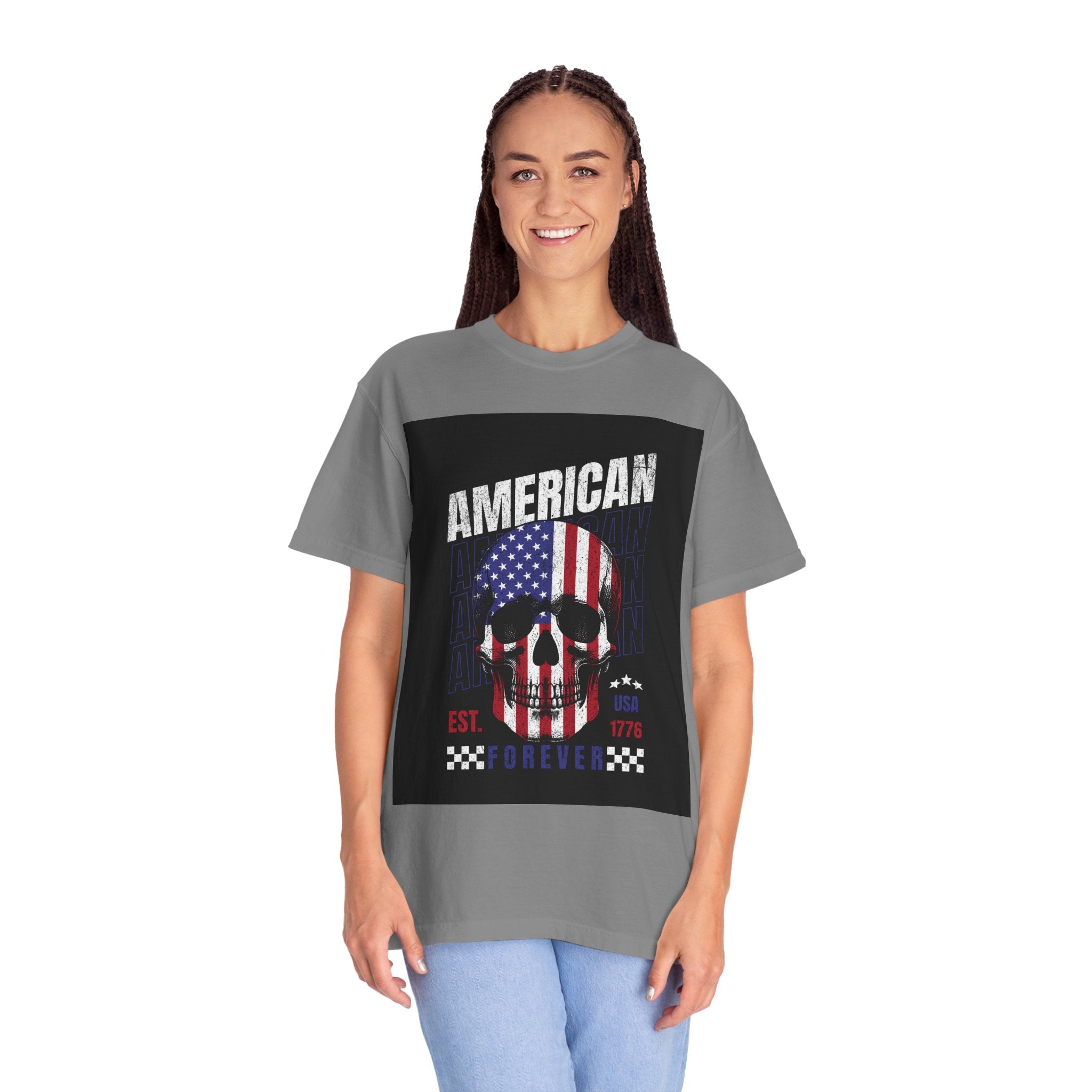 American Skull Flag T-Shirt — "American Forever" Patriotic Graphic Tee