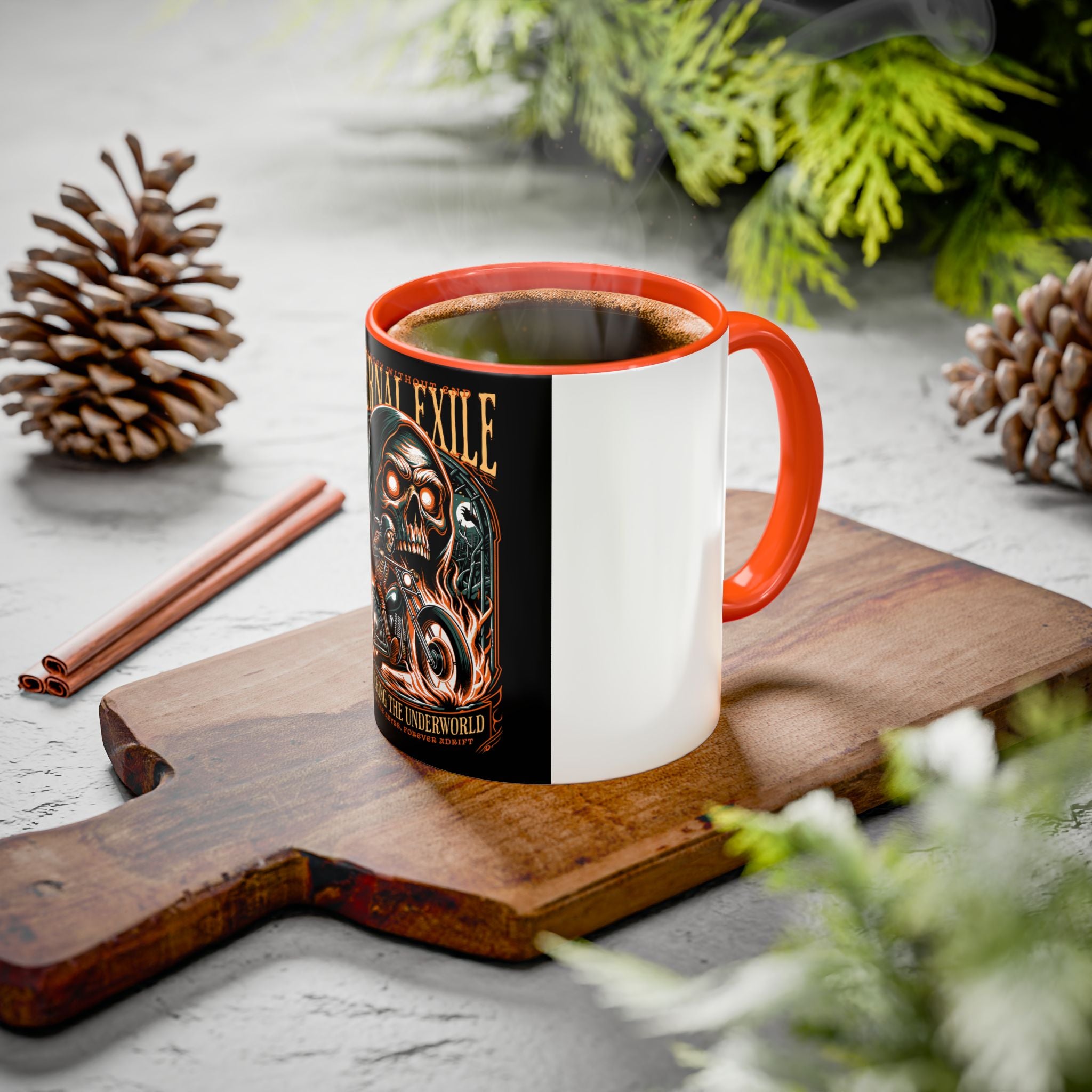 Eternal Exile Skull Biker Mug — Gothic Motorcycle Coffee Cup (11oz/15oz)