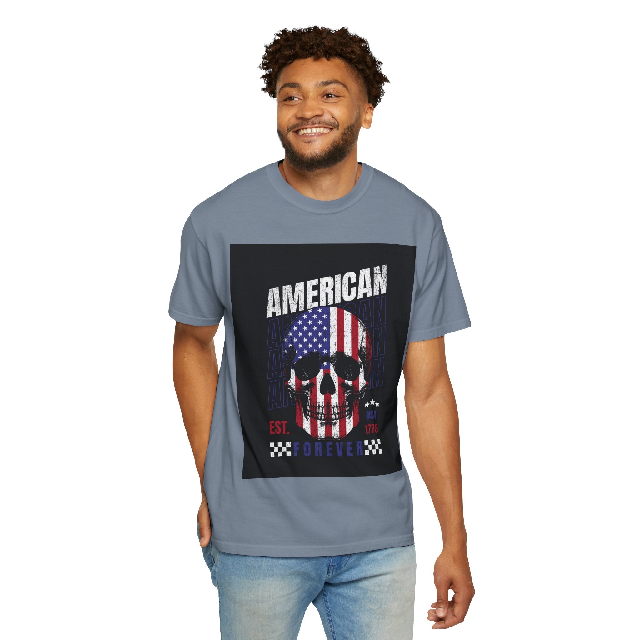 American Skull Flag T-Shirt — "American Forever" Patriotic Graphic Tee