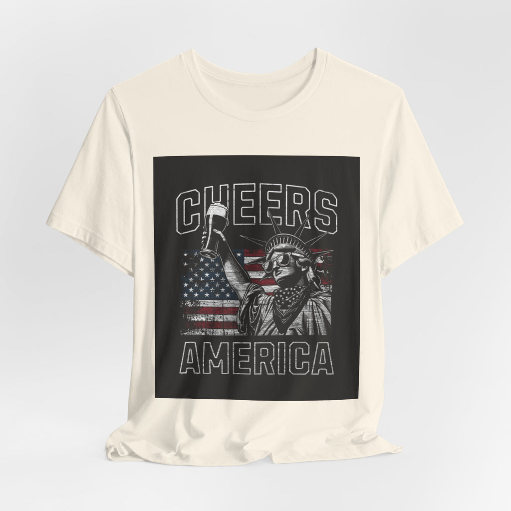 Cheers America T-Shirt — Statue of Liberty Holding Beer & Flag Patriotic Tee