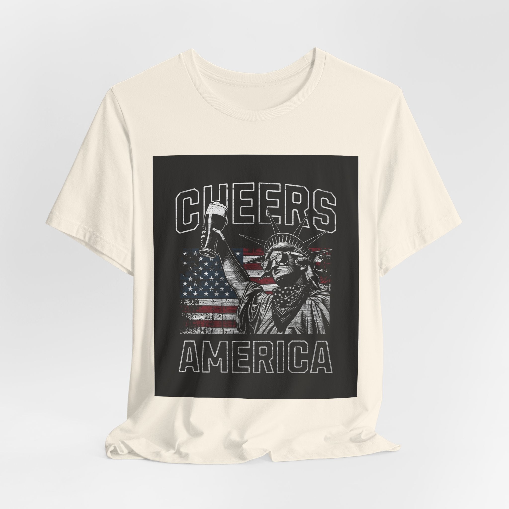 Cheers America T-Shirt — Statue of Liberty Holding Beer & Flag Patriotic Tee