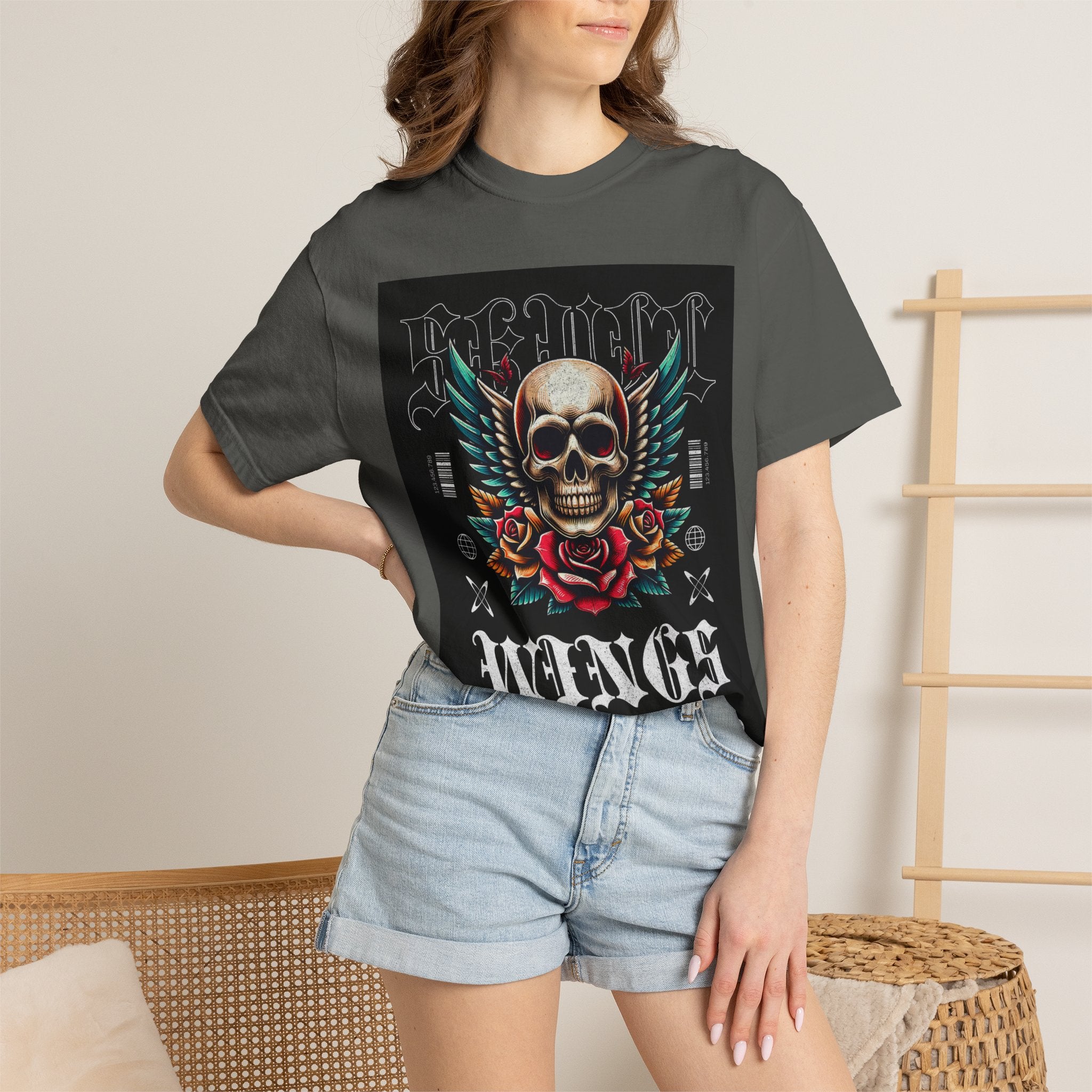 Skull Wings Graphic T-Shirt — Vintage Rock Tattoo Style with Roses