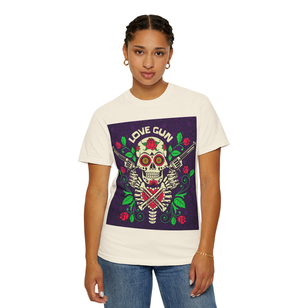 Love Gun Skull T‑Shirt — Day of the Dead Floral Graphic Tee