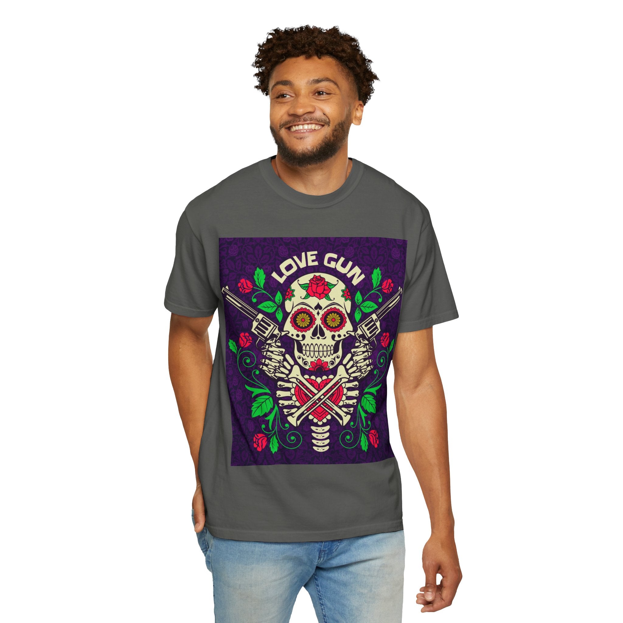 Love Gun Skull T‑Shirt — Day of the Dead Floral Graphic Tee