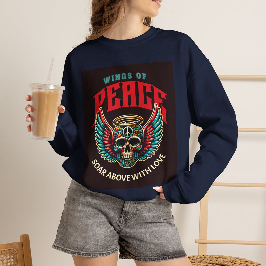 Wings of Peace Skull Crewneck Sweatshirt — Soar Above With Love Graphic