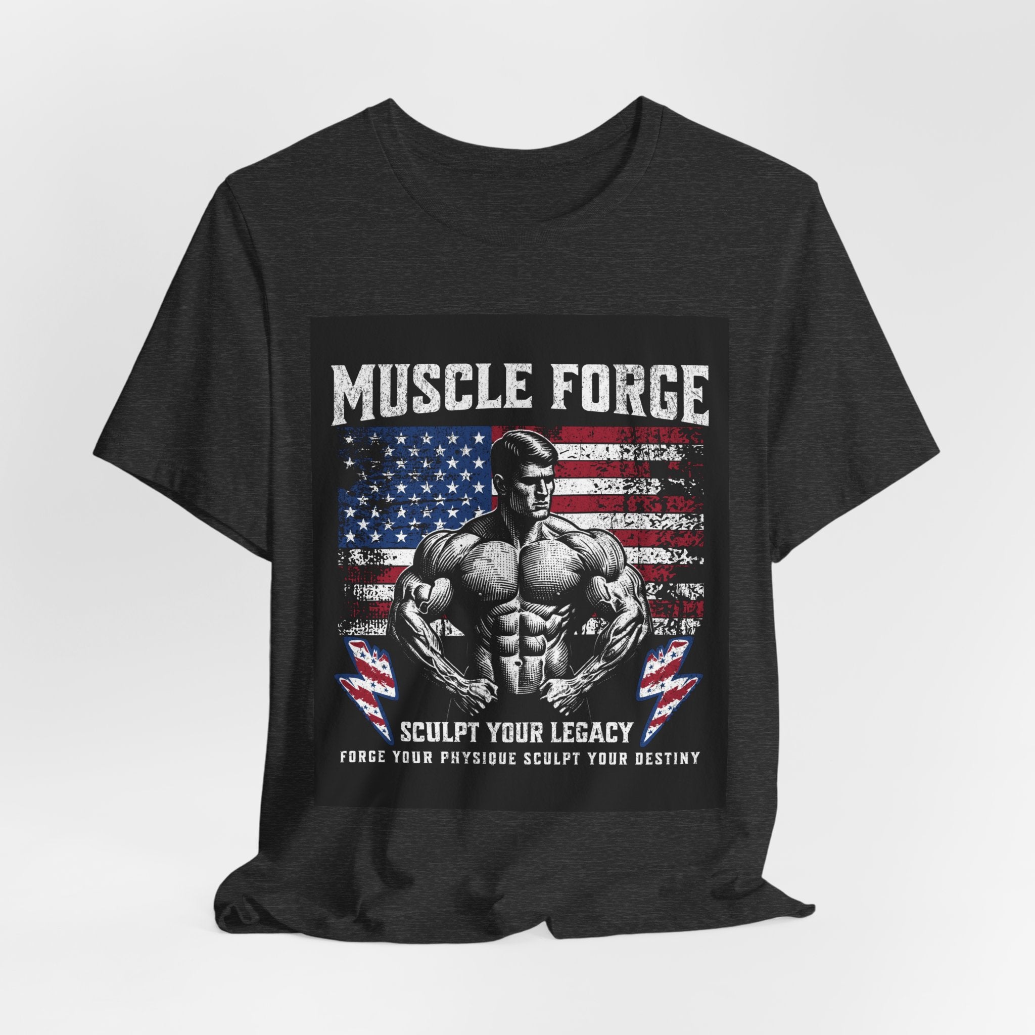 Muscle Forge American Flag Gym Tee — "Sculpt Your Legacy" Fitness T-Shirt