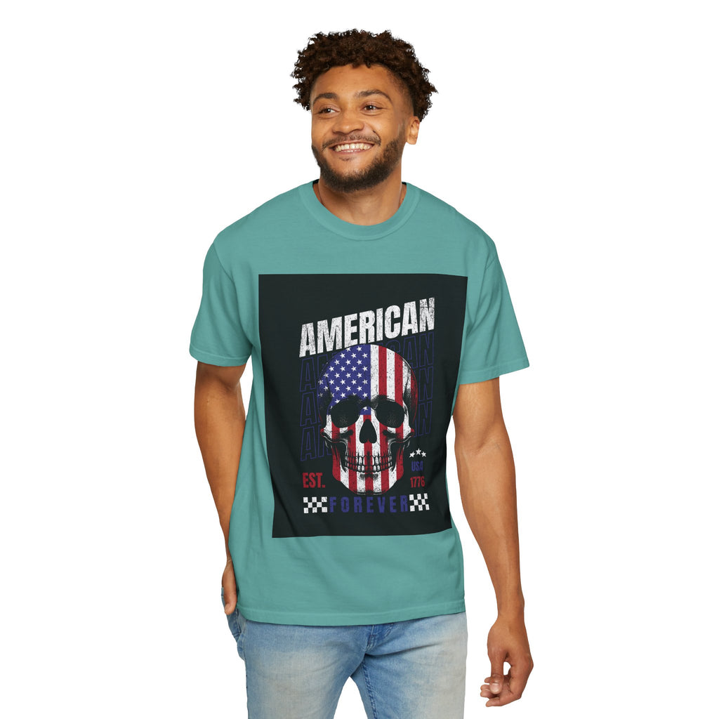 American Skull Flag T-Shirt — "American Forever" Patriotic Graphic Tee