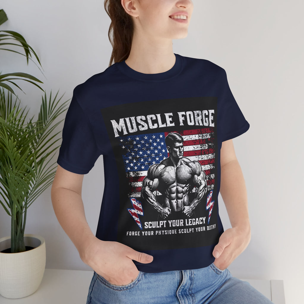 Muscle Forge American Flag Gym Tee — "Sculpt Your Legacy" Fitness T-Shirt