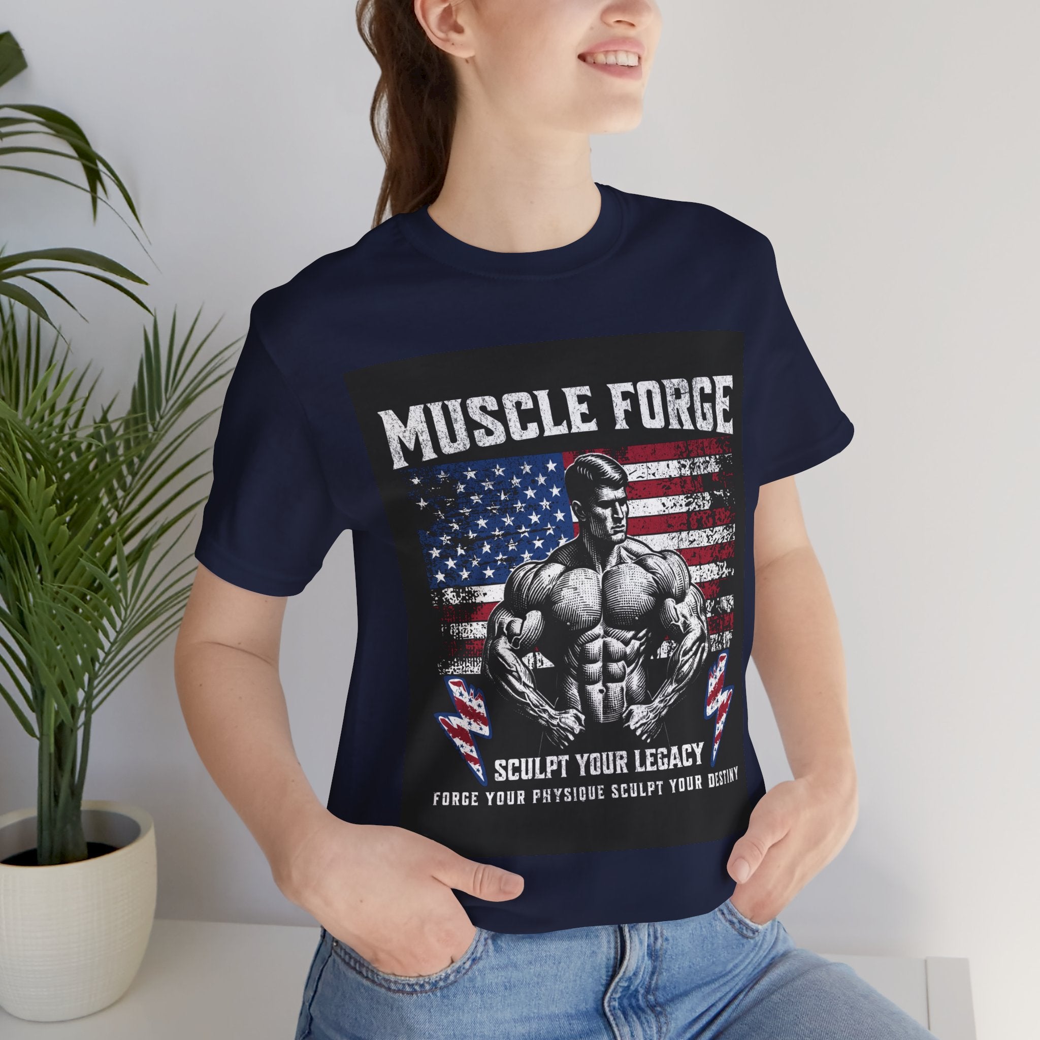Muscle Forge American Flag Gym Tee — "Sculpt Your Legacy" Fitness T-Shirt