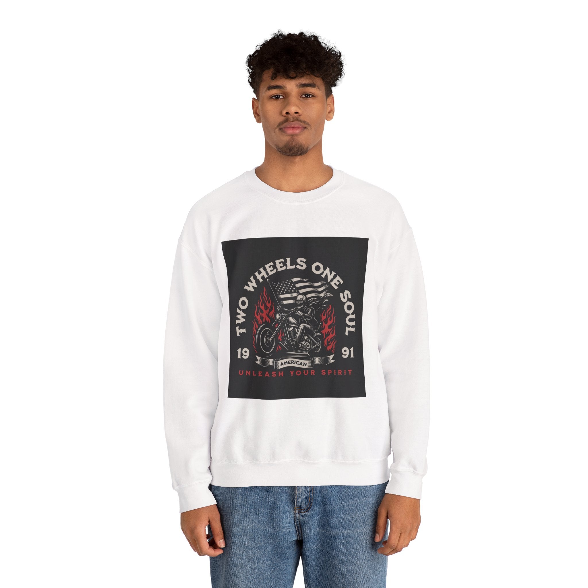 Motorcycle Crewneck Sweatshirt - "Two Wheels One Soul" Vintage Bike Graphic