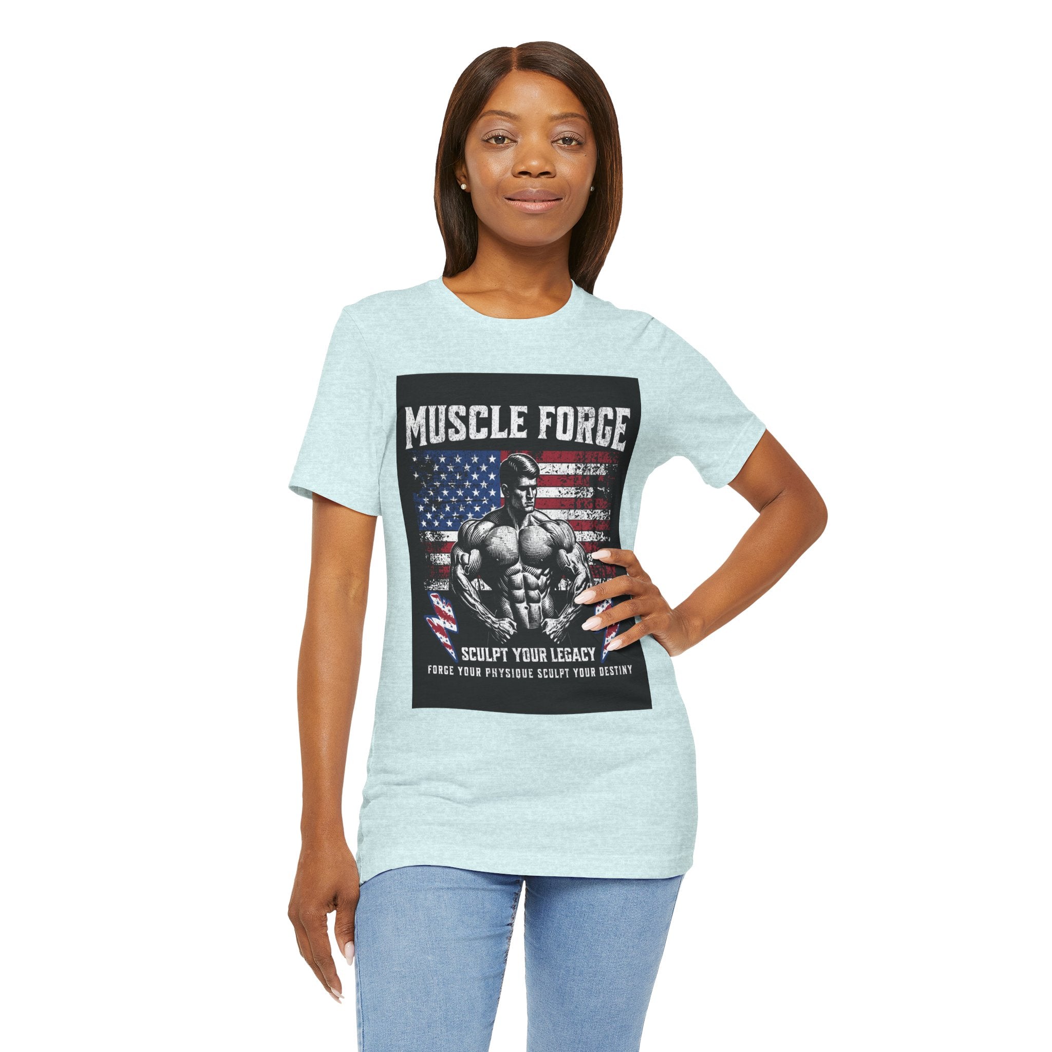 Muscle Forge American Flag Gym Tee — "Sculpt Your Legacy" Fitness T-Shirt