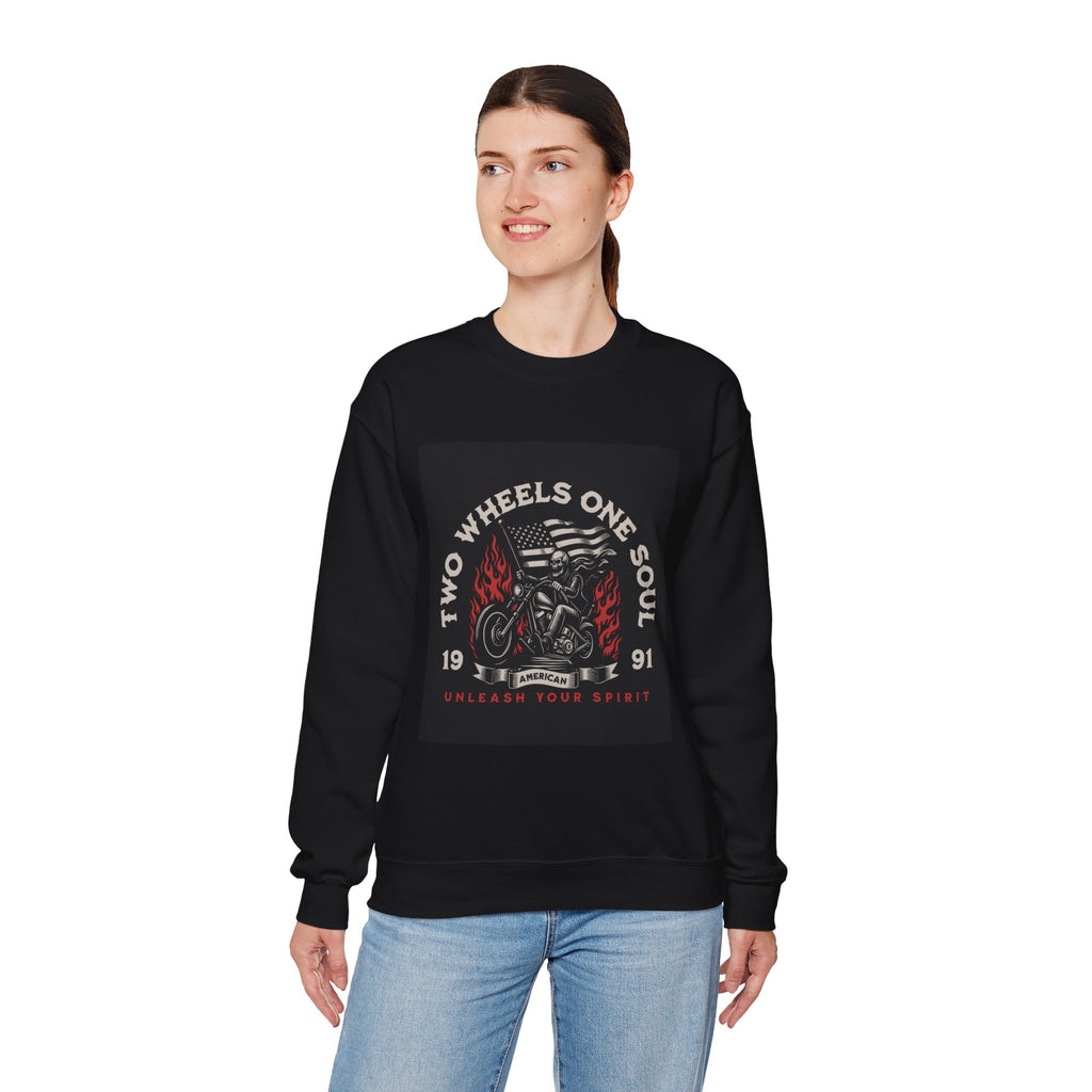 Motorcycle Crewneck Sweatshirt - "Two Wheels One Soul" Vintage Bike Graphic