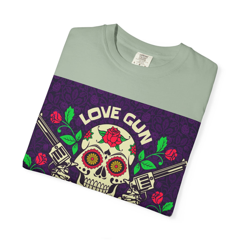 Love Gun Skull T‑Shirt — Day of the Dead Floral Graphic Tee