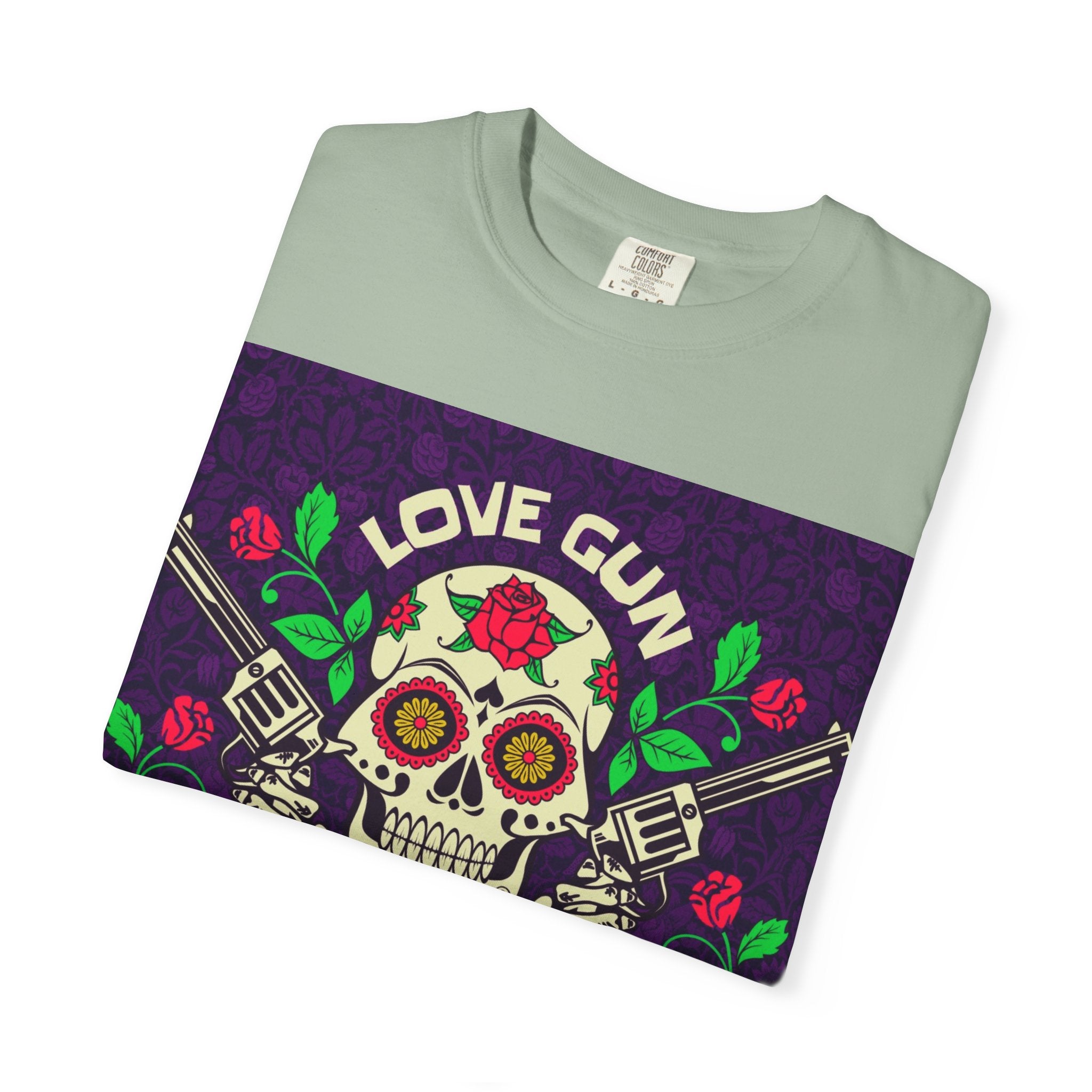 Love Gun Skull T‑Shirt — Day of the Dead Floral Graphic Tee