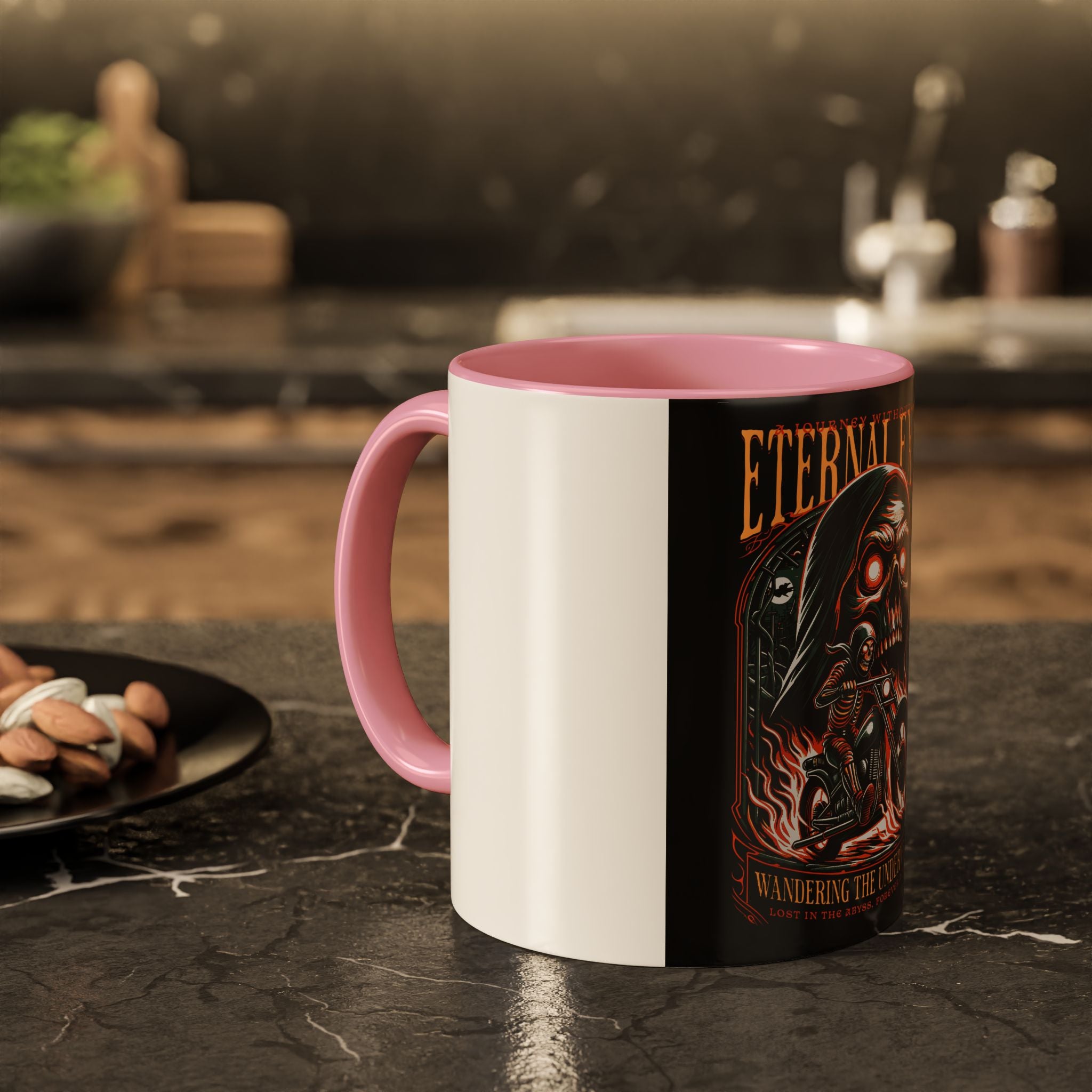 Eternal Exile Skull Biker Mug — Gothic Motorcycle Coffee Cup (11oz/15oz)