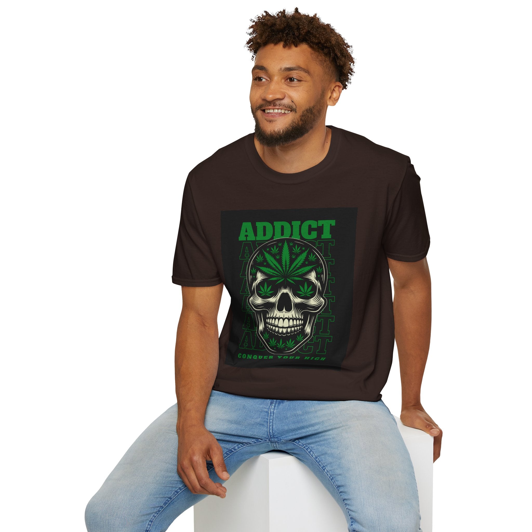T‑Shirt — "Addict" Skull with Cannabis Leaf Graphic