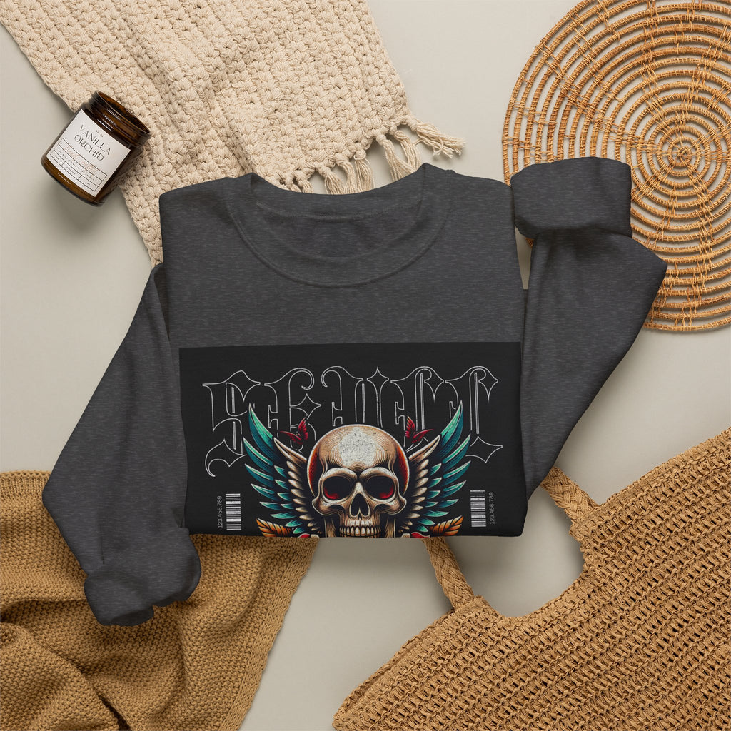 Skull Wings Crewneck Sweatshirt — Vintage Tattoo Skull with Rose Graphic