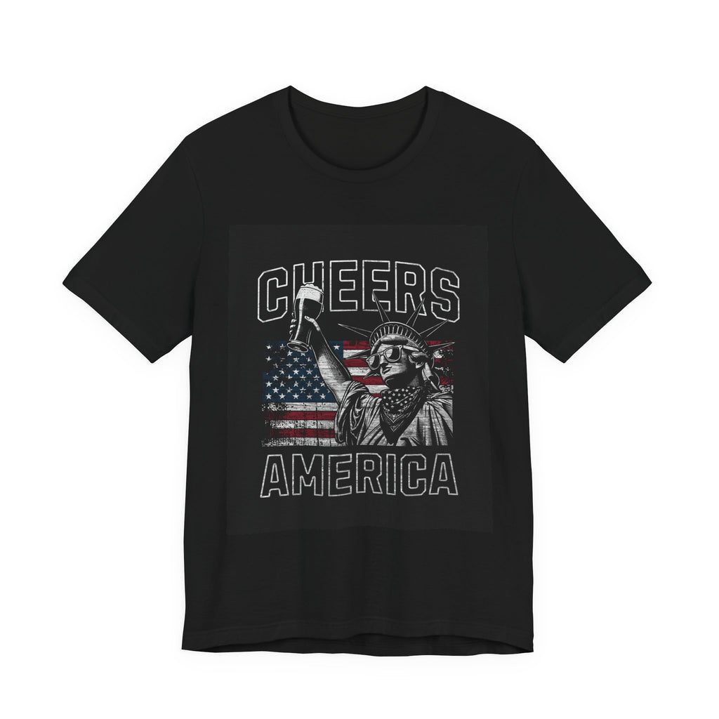 Cheers America T-Shirt — Statue of Liberty Holding Beer & Flag Patriotic Tee