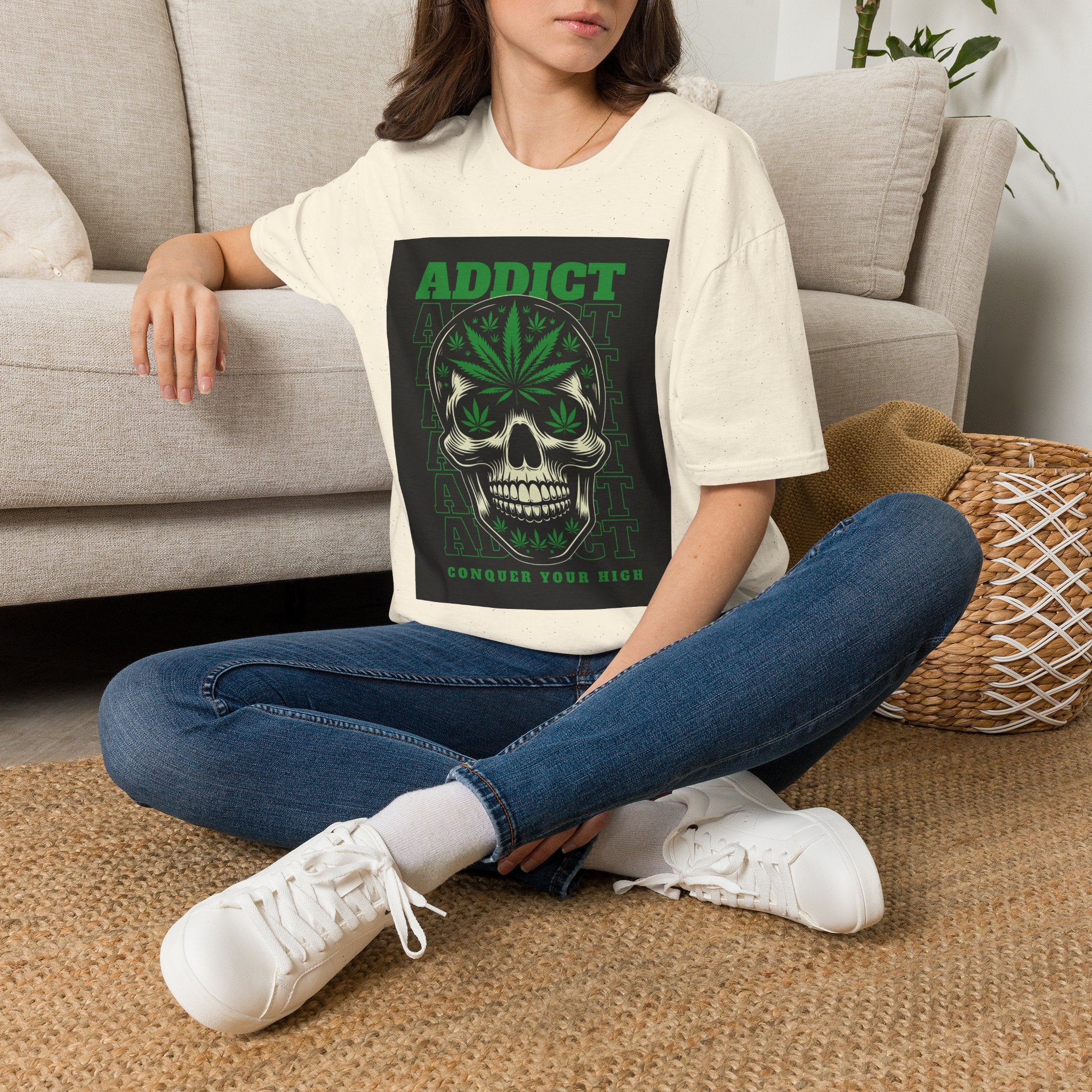 T‑Shirt — "Addict" Skull with Cannabis Leaf Graphic