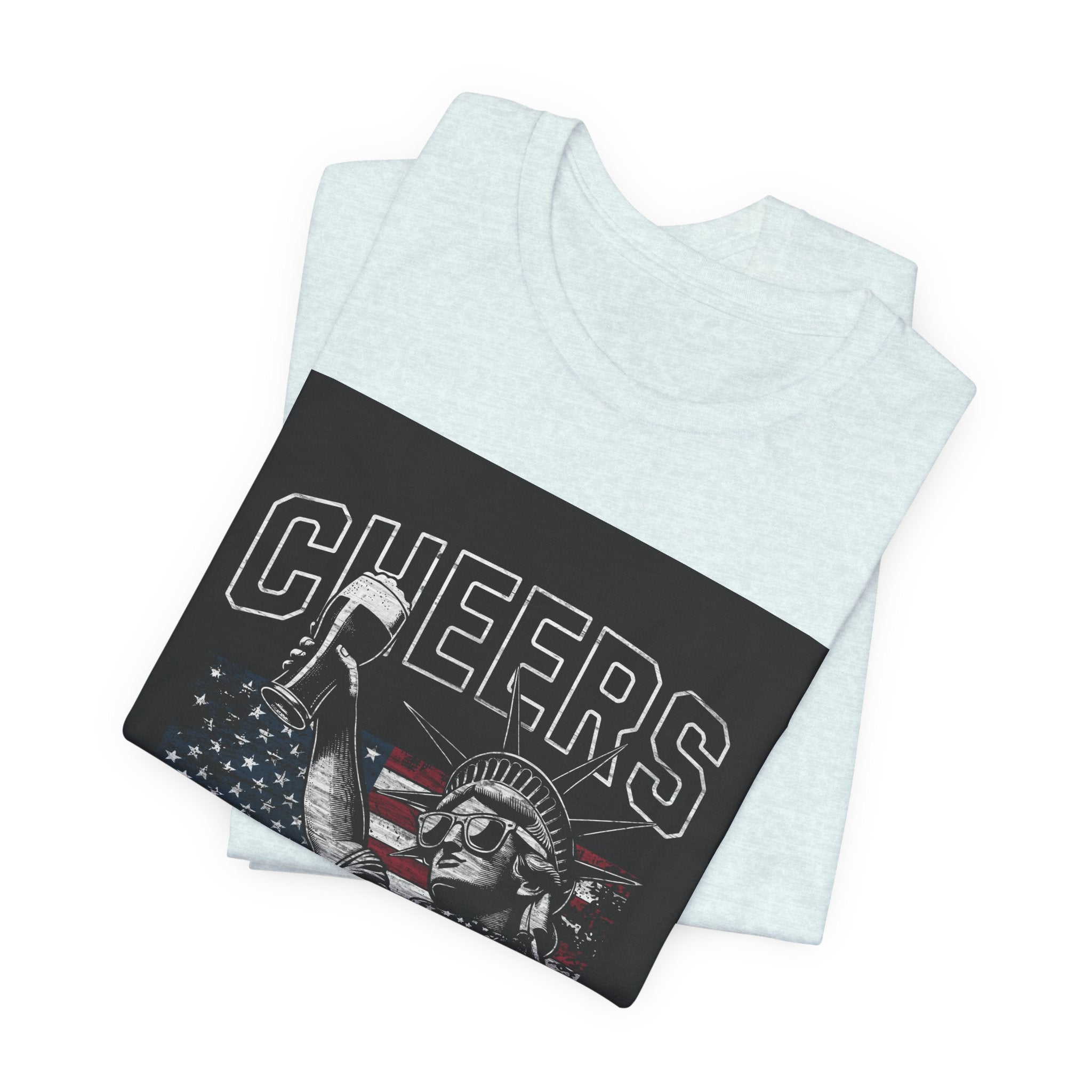 Cheers America T-Shirt — Statue of Liberty Holding Beer & Flag Patriotic Tee