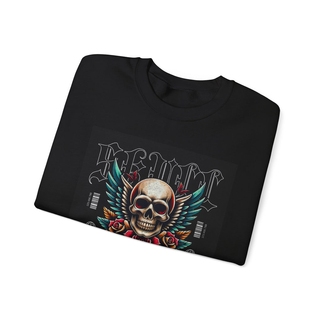 Skull Wings Crewneck Sweatshirt — Vintage Tattoo Skull with Rose Graphic