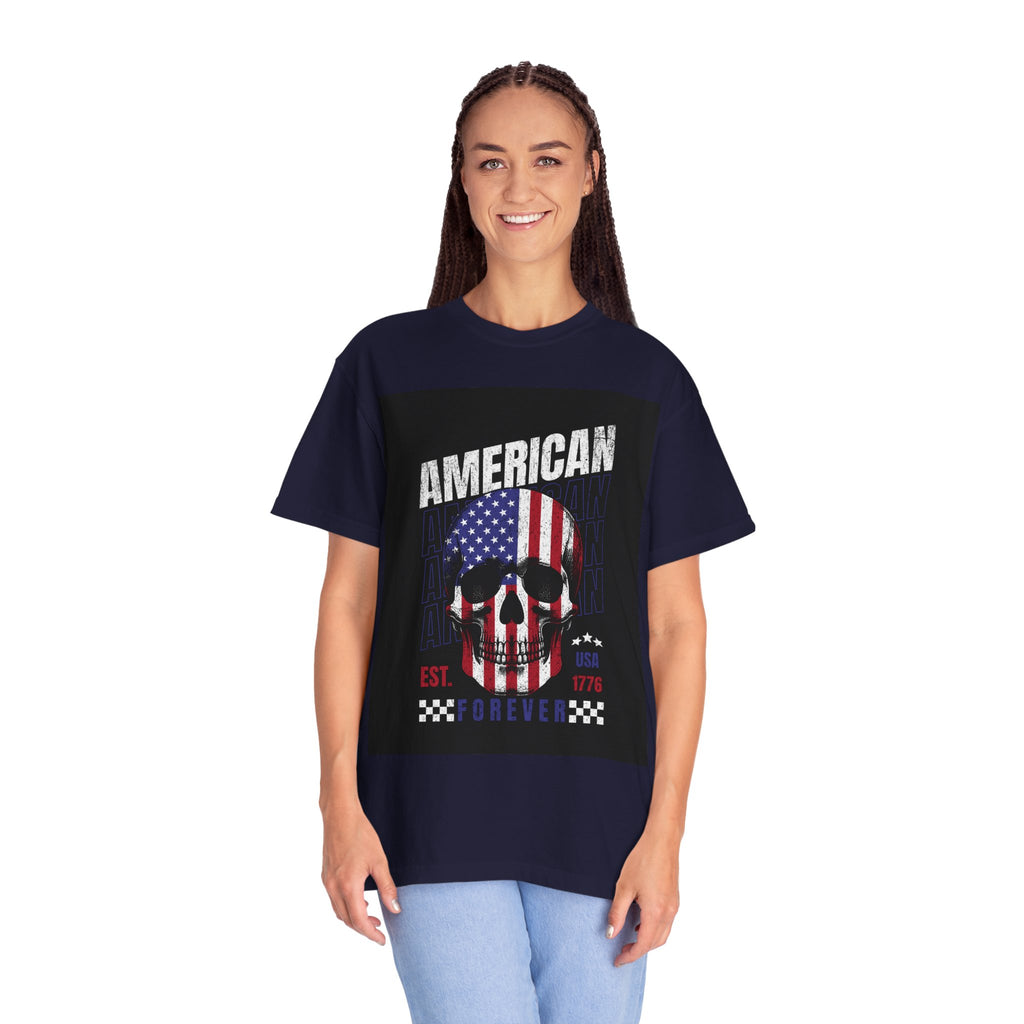 American Skull Flag T-Shirt — "American Forever" Patriotic Graphic Tee