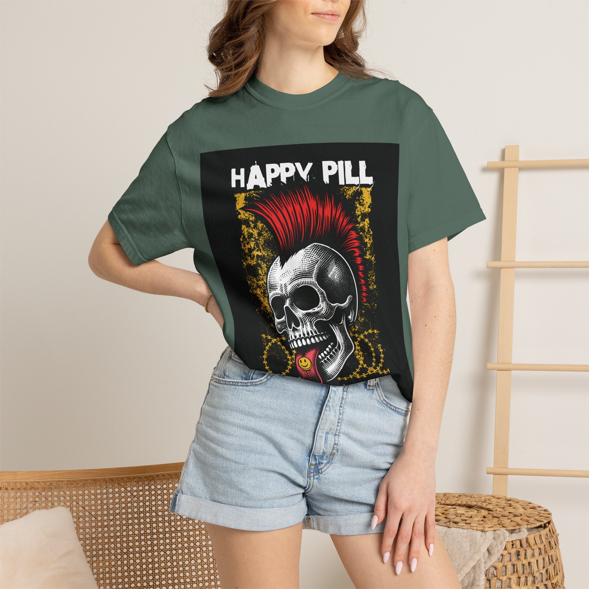 Happy Pill Punk Skull T-Shirt — 'Happy Pill Medication' Graphic Tee