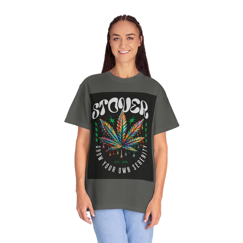 T-Shirt — Stover "Grow Your Own Serenity" Colorful Cannabis Leaf Graphic