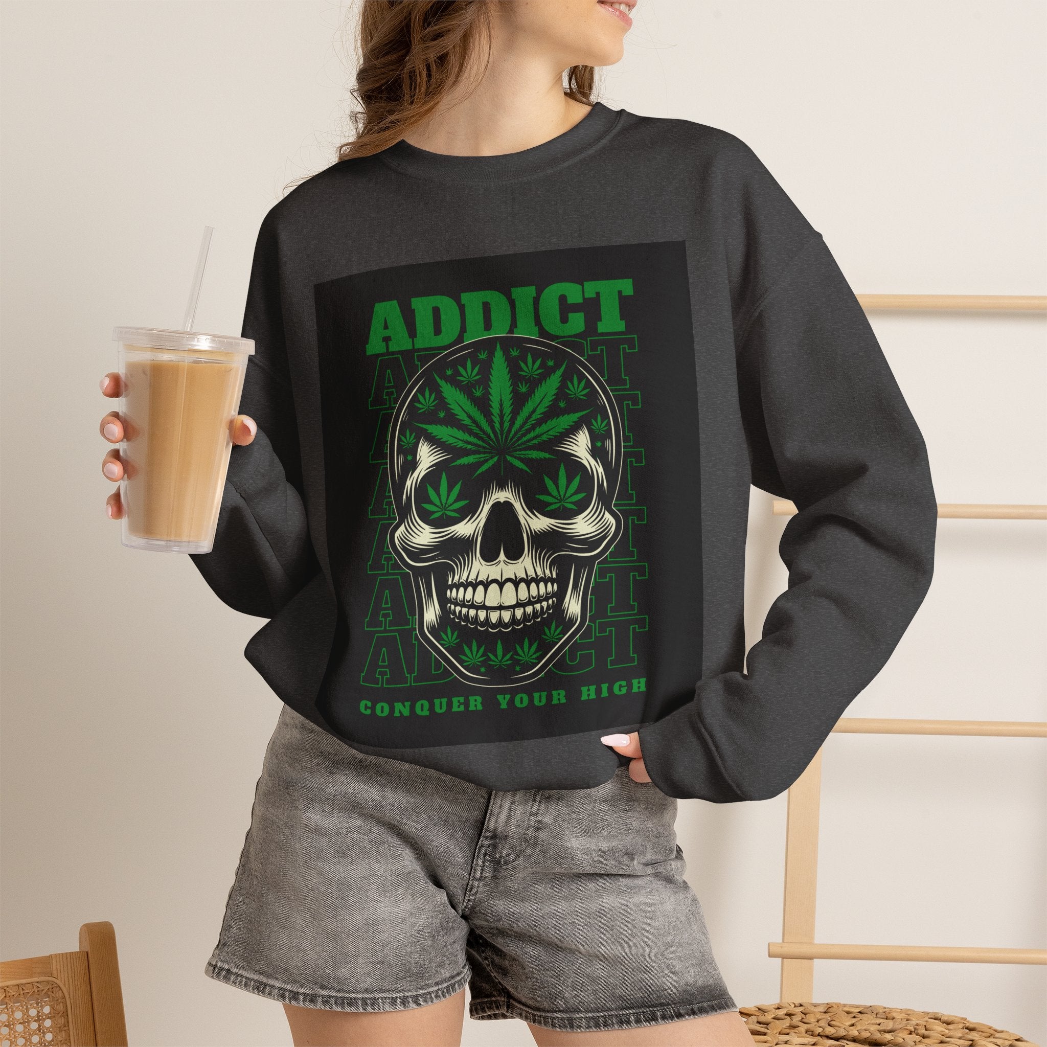 Skull & Cannabis 'Addict' Crewneck Sweatshirt — Conquer Your High Graphic Sweatshirt
