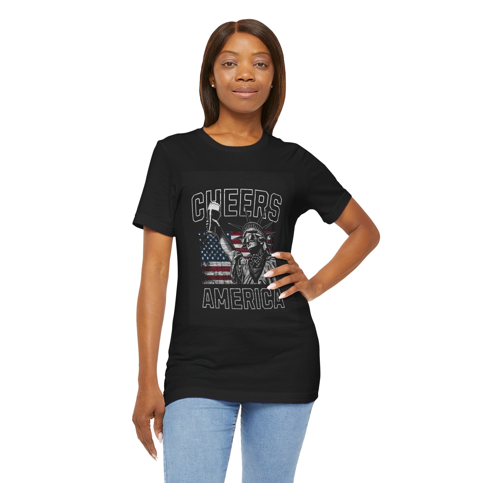 Cheers America T-Shirt — Statue of Liberty Holding Beer & Flag Patriotic Tee