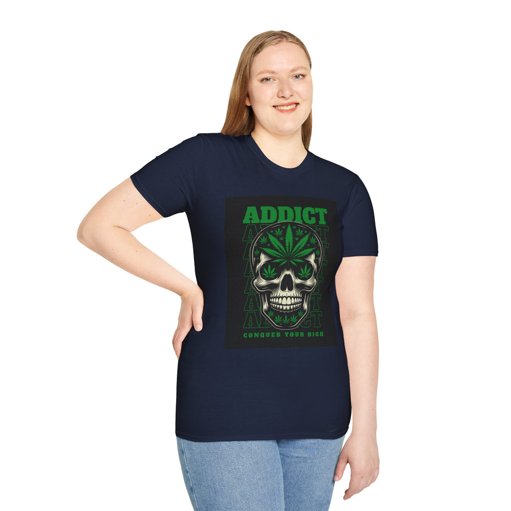 T‑Shirt — "Addict" Skull with Cannabis Leaf Graphic