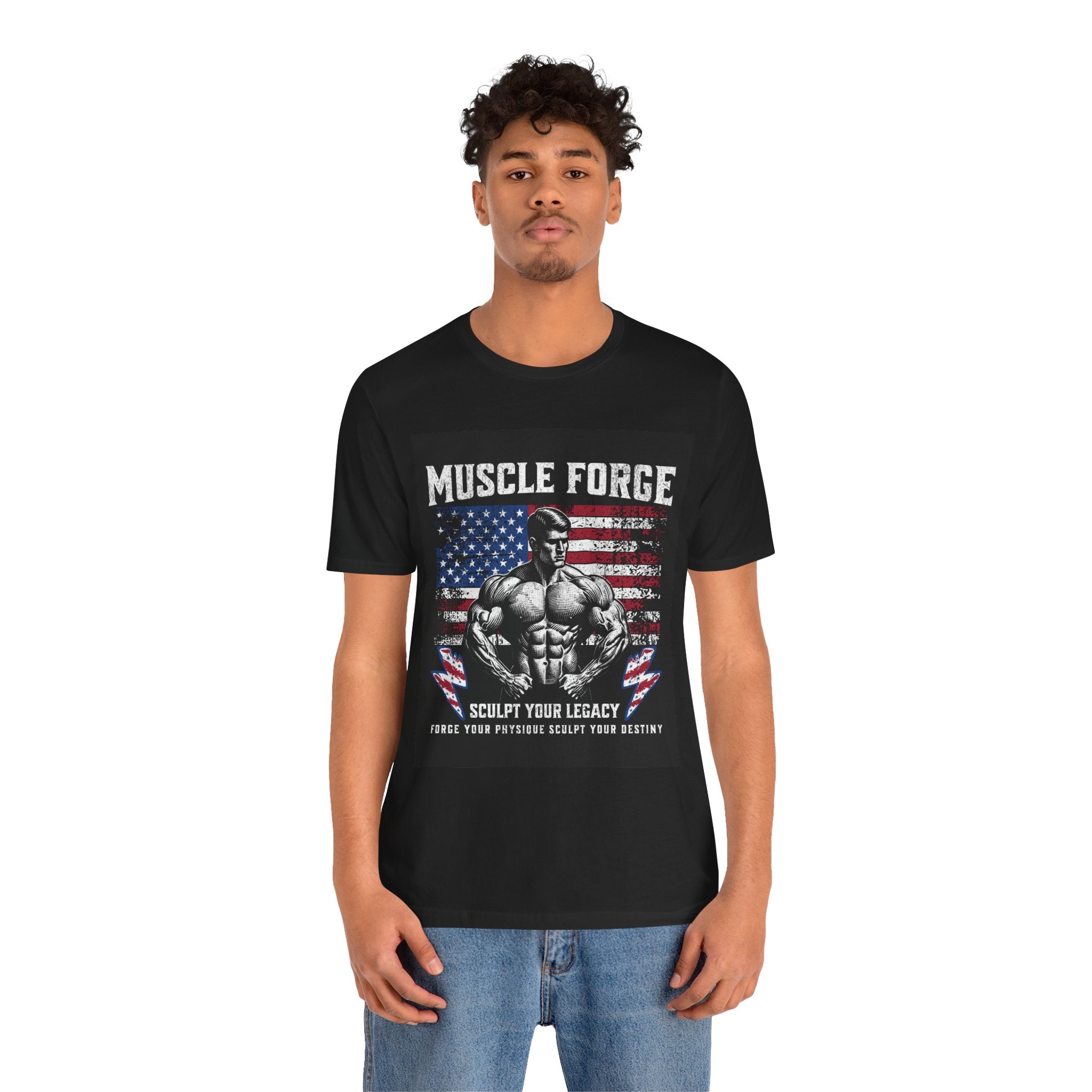 Muscle Forge American Flag Gym Tee — "Sculpt Your Legacy" Fitness T-Shirt