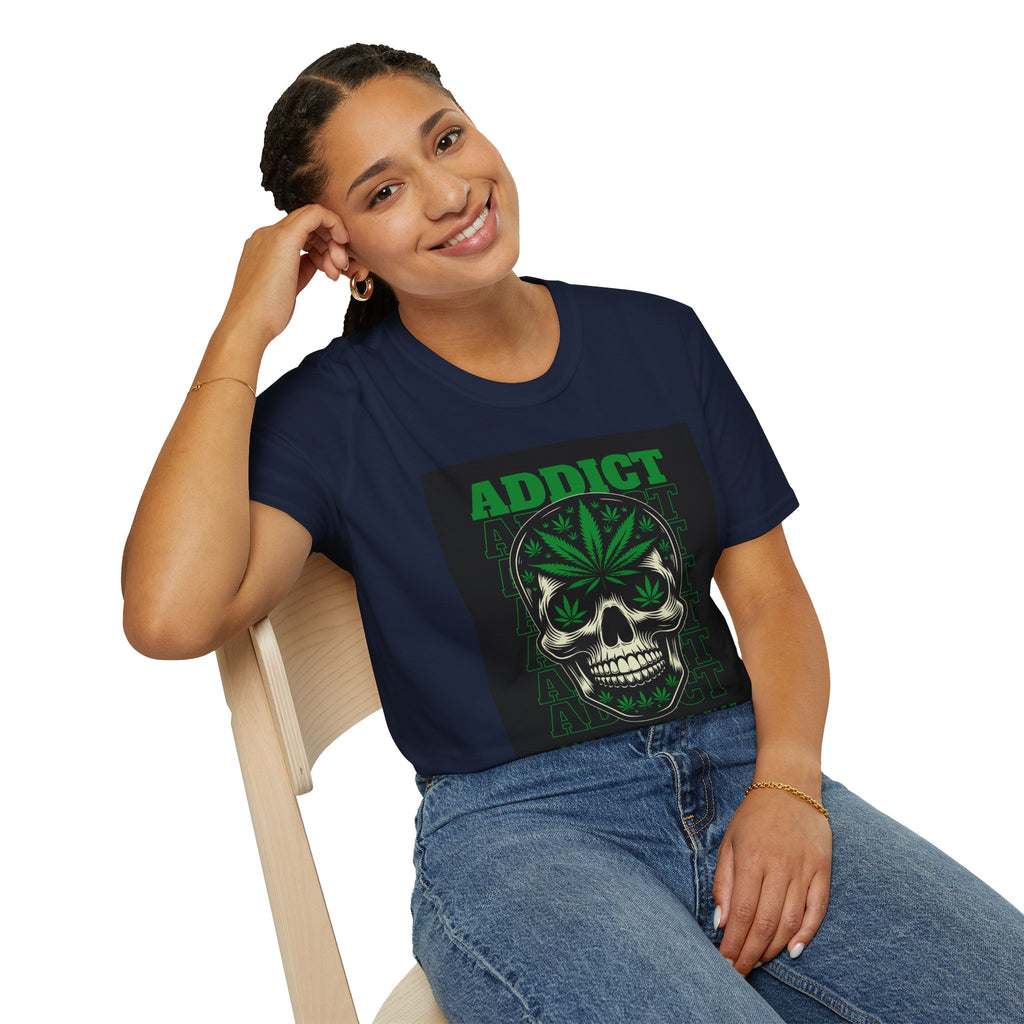 T‑Shirt — "Addict" Skull with Cannabis Leaf Graphic