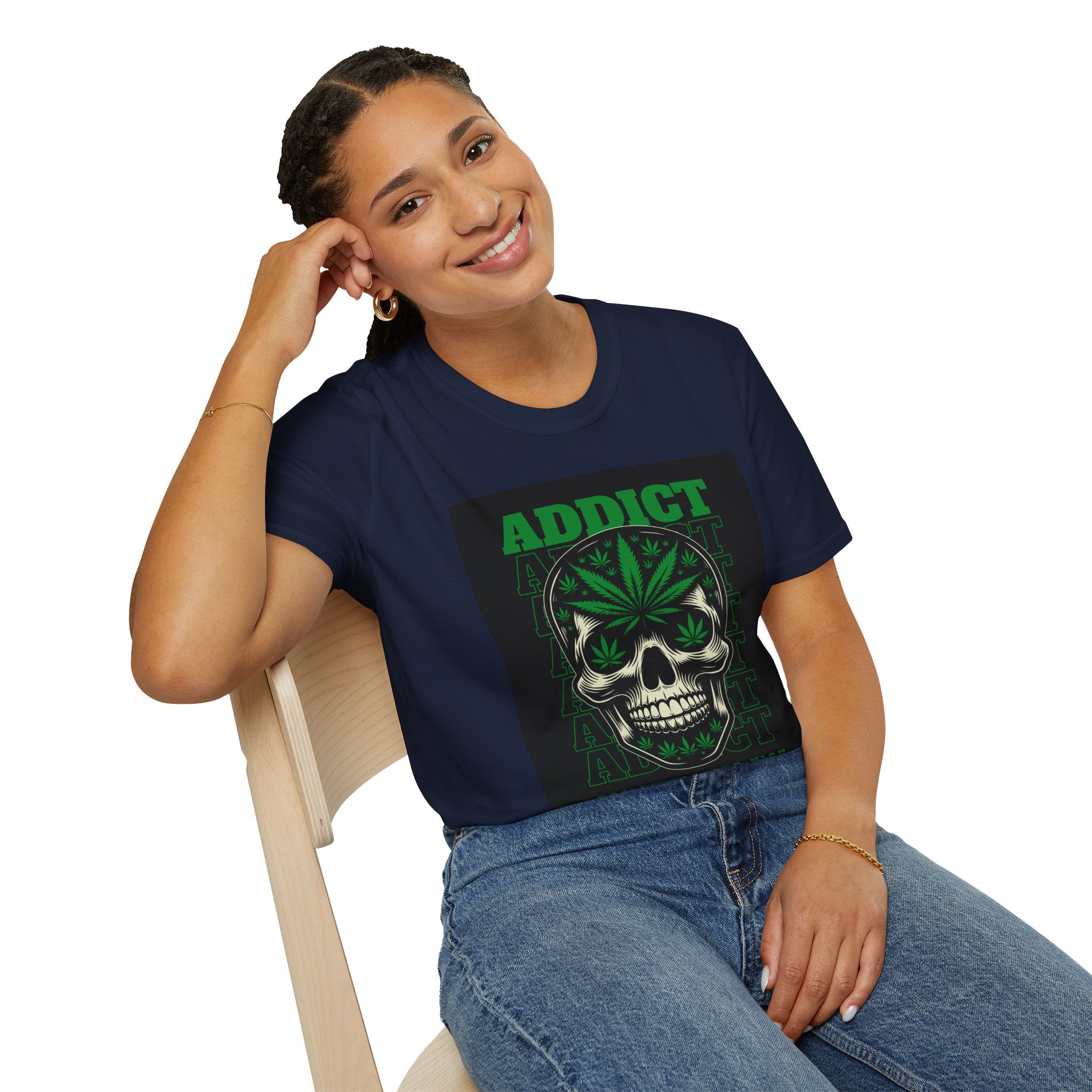 T‑Shirt — "Addict" Skull with Cannabis Leaf Graphic