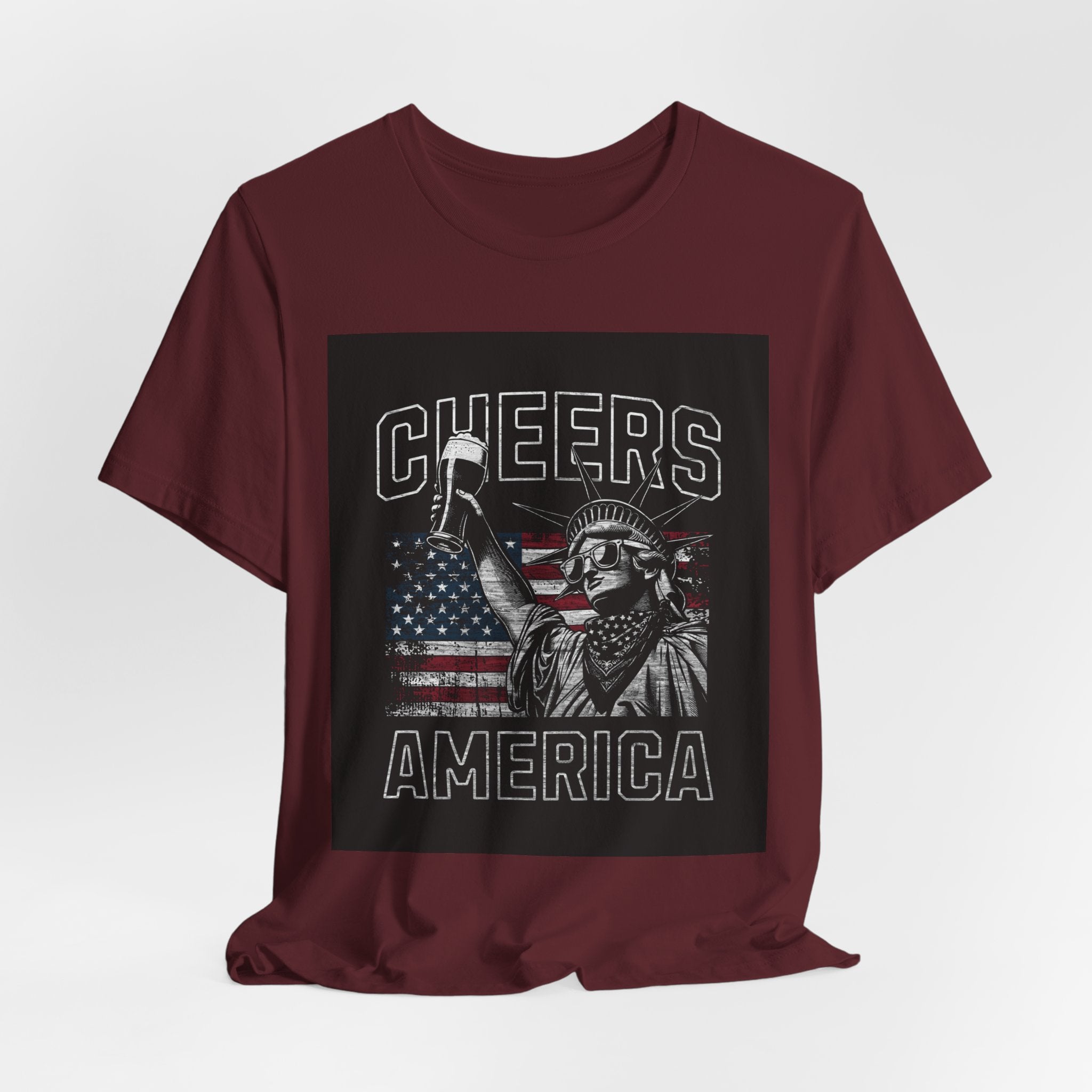 Cheers America T-Shirt — Statue of Liberty Holding Beer & Flag Patriotic Tee