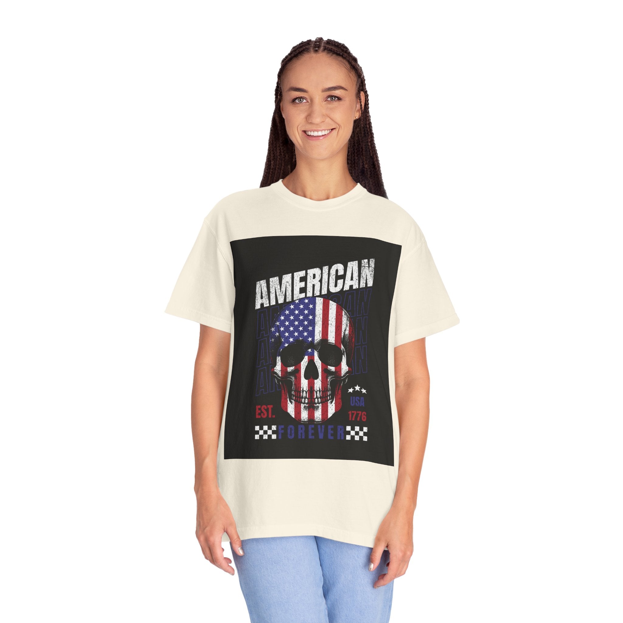 American Skull Flag T-Shirt — "American Forever" Patriotic Graphic Tee