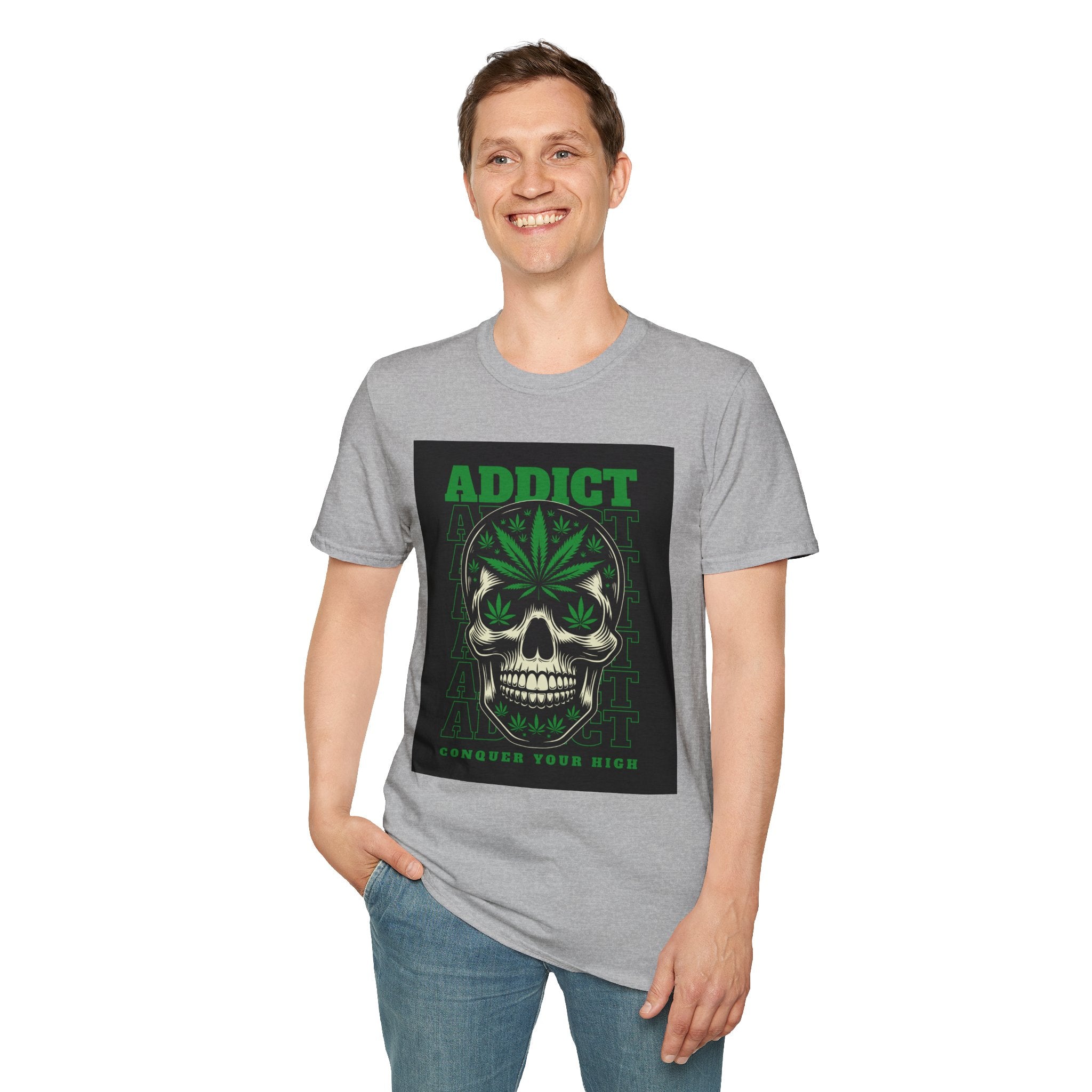 T‑Shirt — "Addict" Skull with Cannabis Leaf Graphic