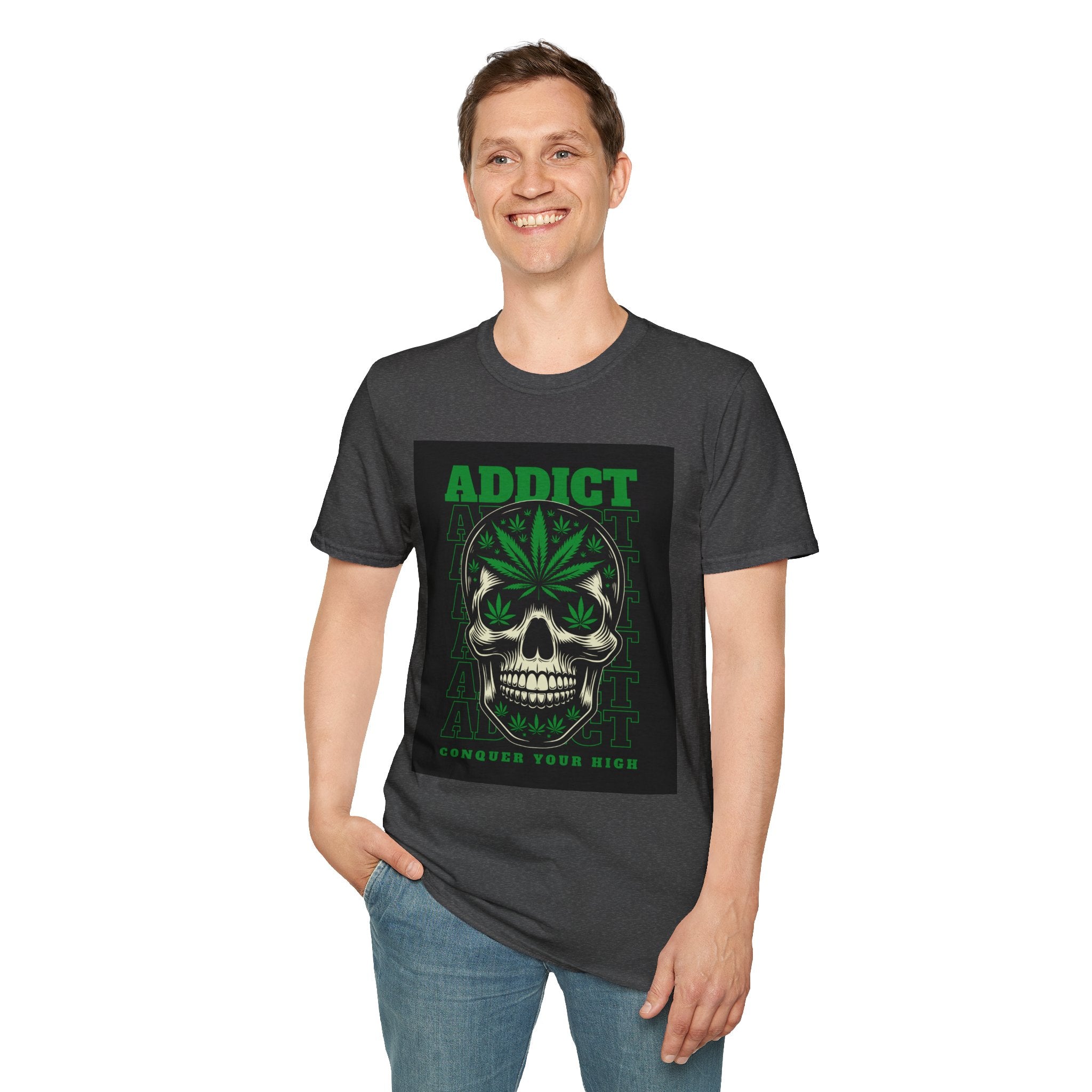 T‑Shirt — "Addict" Skull with Cannabis Leaf Graphic
