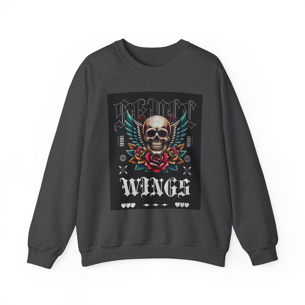 Skull Wings Crewneck Sweatshirt — Vintage Tattoo Skull with Rose Graphic