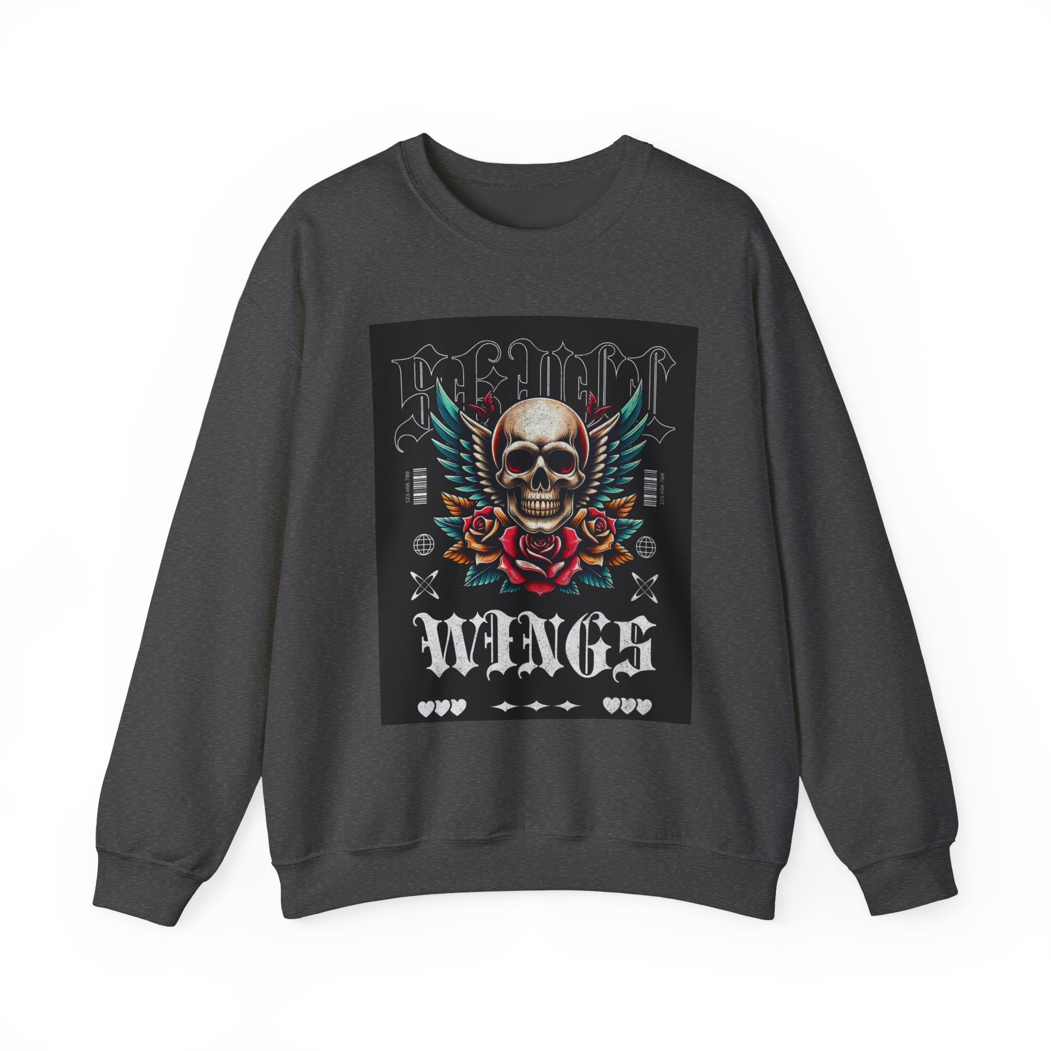 Skull Wings Crewneck Sweatshirt — Vintage Tattoo Skull with Rose Graphic