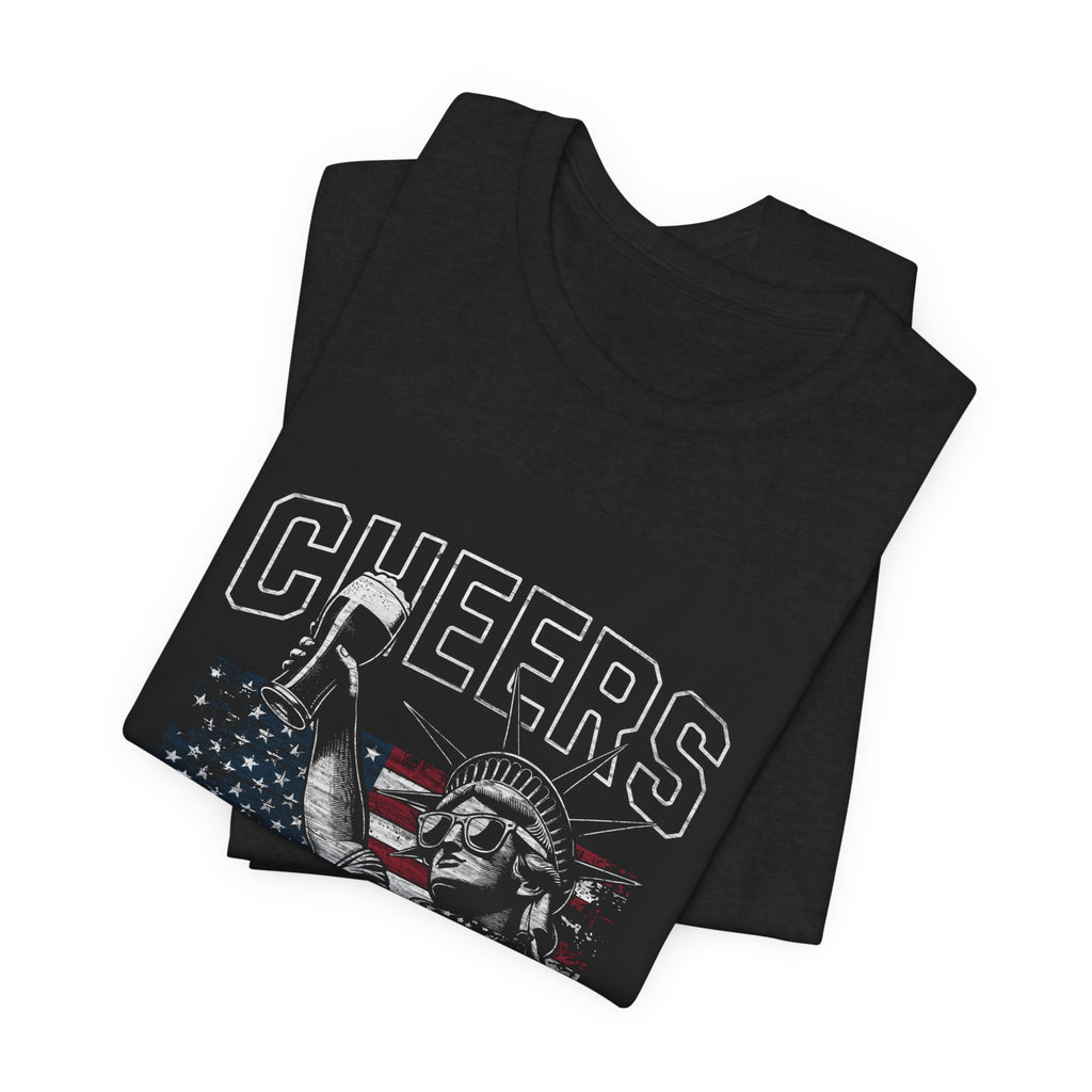 Cheers America T-Shirt — Statue of Liberty Holding Beer & Flag Patriotic Tee
