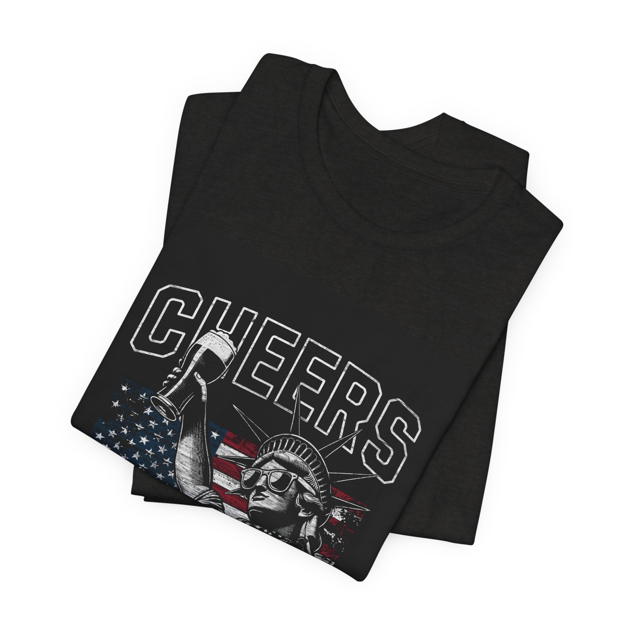 Cheers America T-Shirt — Statue of Liberty Holding Beer & Flag Patriotic Tee