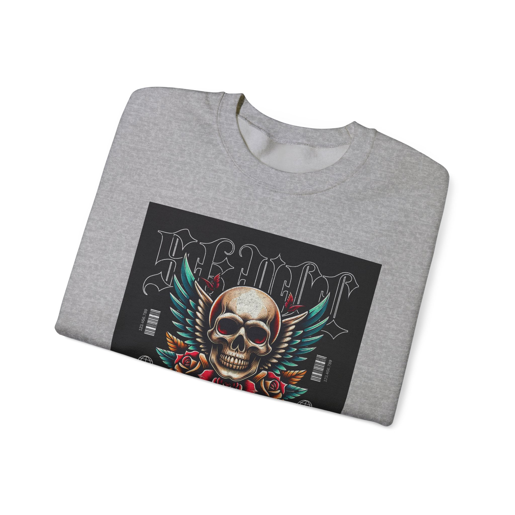 Skull Wings Crewneck Sweatshirt — Vintage Tattoo Skull with Rose Graphic