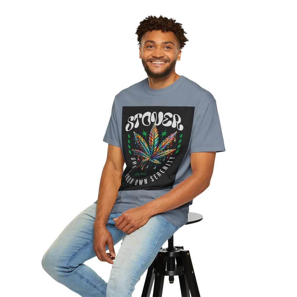 T-Shirt — Stover "Grow Your Own Serenity" Colorful Cannabis Leaf Graphic