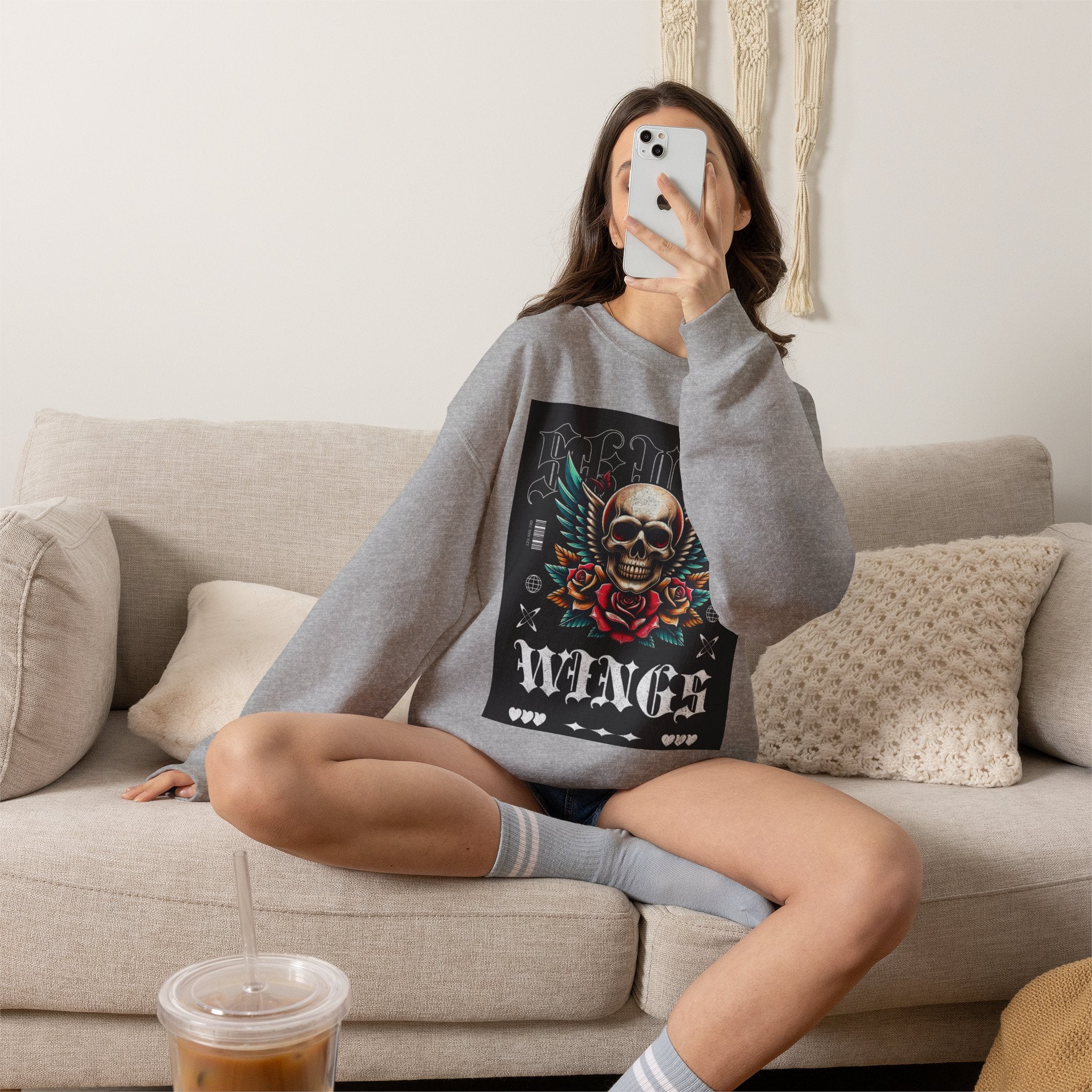 Skull Wings Crewneck Sweatshirt — Vintage Tattoo Skull with Rose Graphic