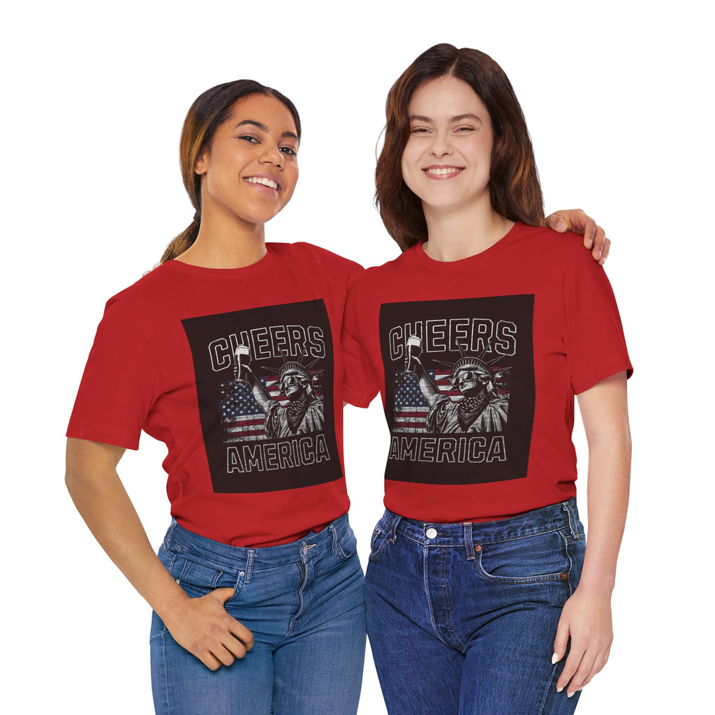 Cheers America T-Shirt — Statue of Liberty Holding Beer & Flag Patriotic Tee
