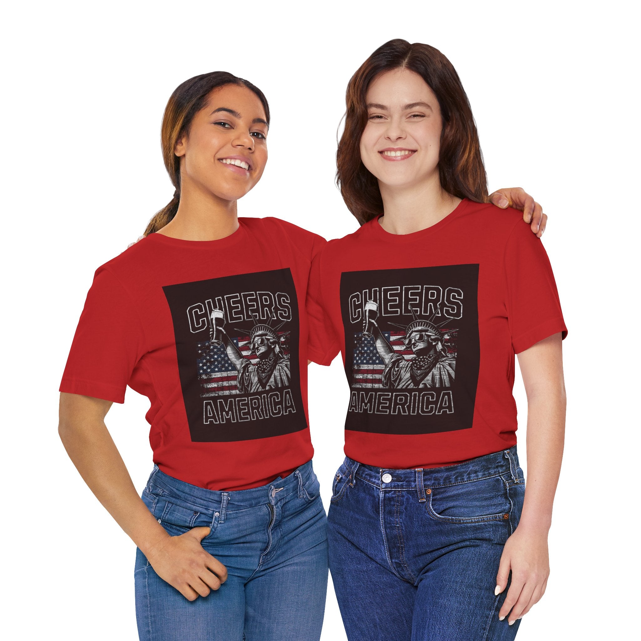Cheers America T-Shirt — Statue of Liberty Holding Beer & Flag Patriotic Tee