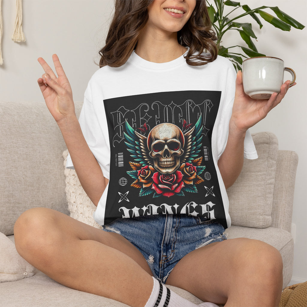 Skull Wings Graphic T-Shirt — Vintage Rock Tattoo Style with Roses