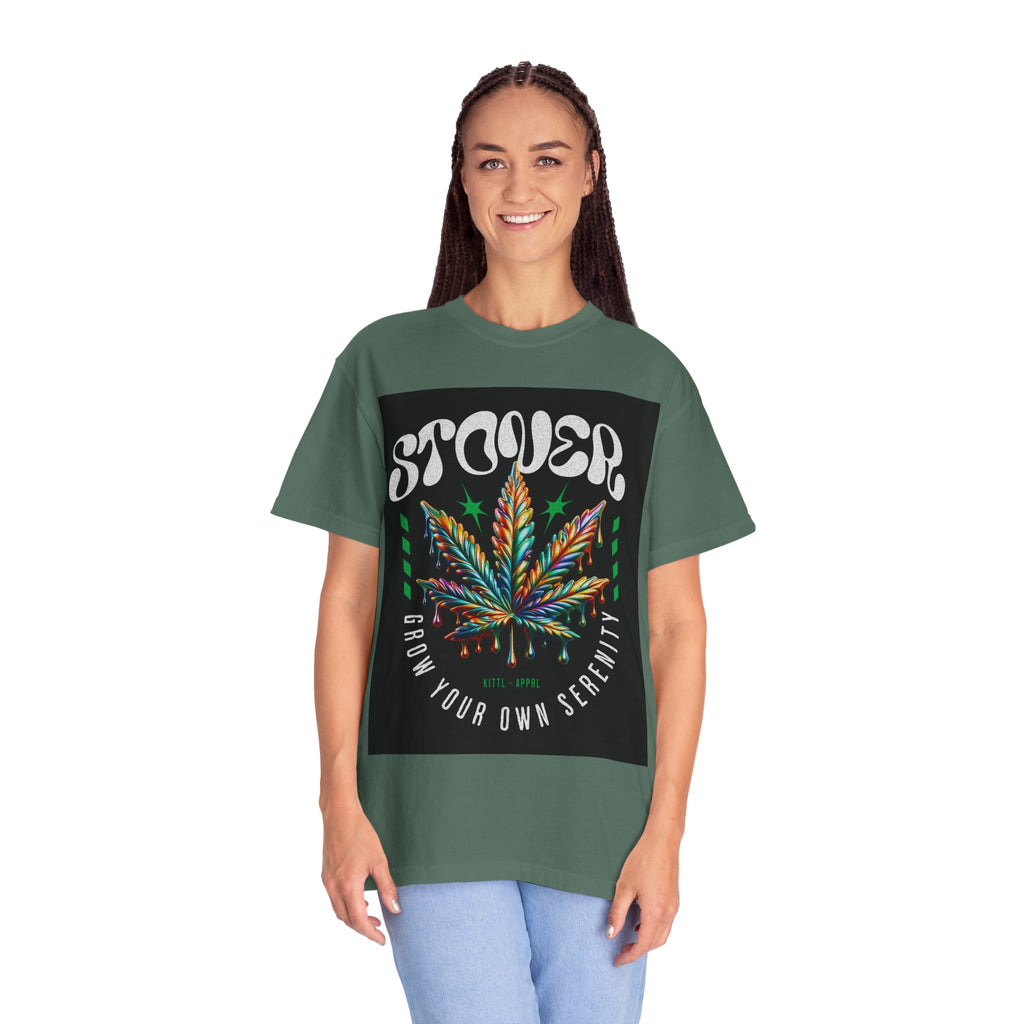 T-Shirt — Stover "Grow Your Own Serenity" Colorful Cannabis Leaf Graphic