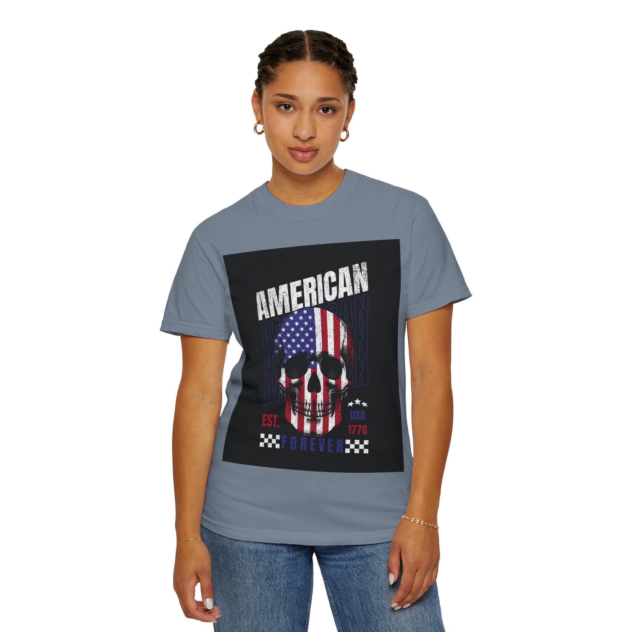 American Skull Flag T-Shirt — "American Forever" Patriotic Graphic Tee